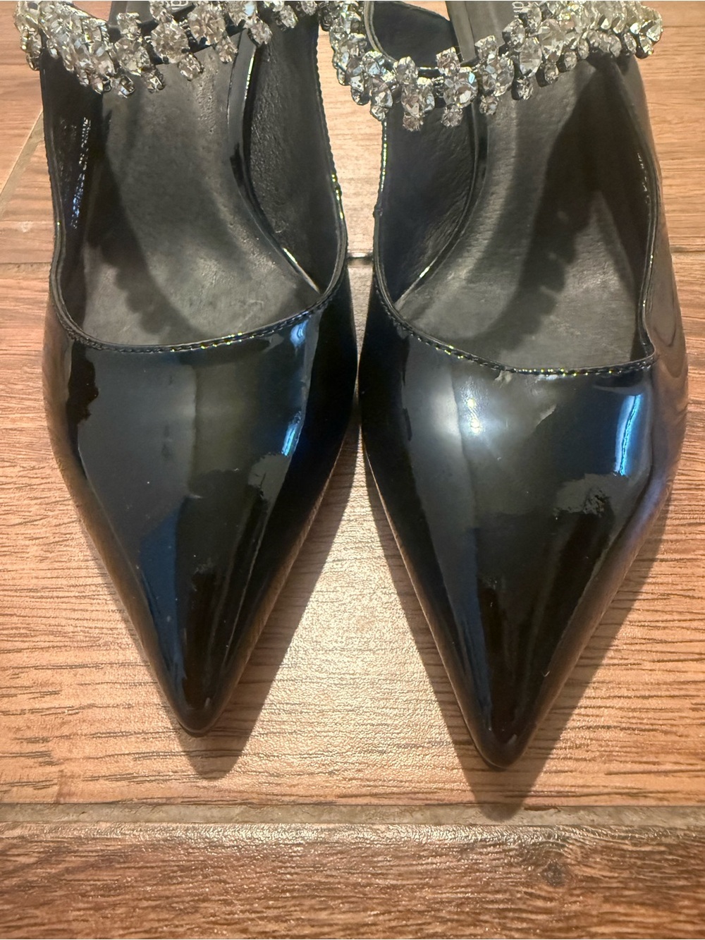 Jeffrey Campbell Black Patent Pointed Toe Mules with Crystal Strap - Picture 3 of 7